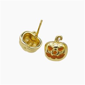 Halloween Pumpkin Copper Stud Earrings Enamel Gold Plated, approx 10-11mm