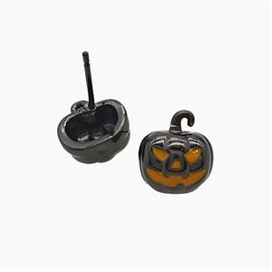 Halloween Pumpkin Copper Stud Earrings Enamel Black Plated, approx 10-11mm