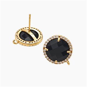 Copper Circle Stud Earrings Pave Zirconia Jadeite Glass Gold Plated, approx 15mm