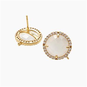 Copper Circle Stud Earrings Pave Zirconia Jadeite Glass Gold Plated, approx 15mm