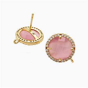 Copper Circle Stud Earrings Pave Zirconia Pink Jadeite Glass Gold Plated, approx 15mm