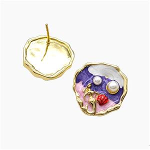 Copper Mermaid Stud Earrings Pave Resin Enamel Gold Plated, approx 19mm