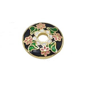 Copper Beadcaps Black Enamel Flower Gold Plated, approx 15mm