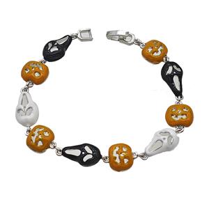 Halloween Jack-O-Lantern Ghost Copper Bracelet Enamel Platinum Plated, approx 12mm, 9-15mm, 18cm length