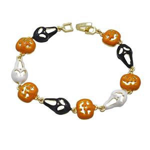 Halloween Jack-O-Lantern Ghost Copper Bracelet Enamel Gold Plated, approx 12mm, 9-15mm, 18cm length