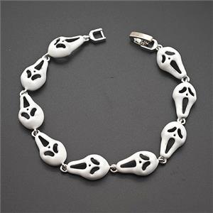Halloween Ghost Copper Bracelet White Enamel Platinum Plated, approx 9-15mm, 18cm length