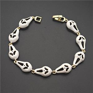Halloween Ghost Copper Bracelet White Enamel Gold Plated, approx 9-15mm, 18cm length