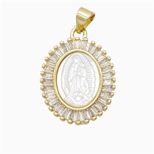 Copper Oval Pendant Pave Zirconia Shell Virgin Mary 18K Gold Plated, approx 17.5-20mm
