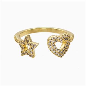 Copper Star Heart Rings Pave Zirconia 18K Gold Plated, approx 8-9mm, 18mm dia