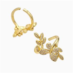 Copper Butterfly Leaf Rings Pave Zirconia 18K Gold Plated, approx 14-30mm, 18mm dia