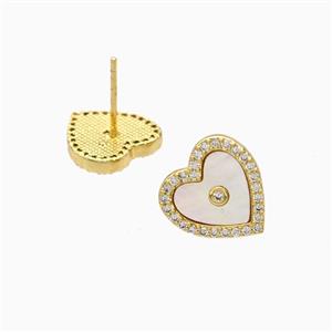 Copper Heart Stud Earrings Pave Zirconia Shell 18K Gold Plated, approx 12mm
