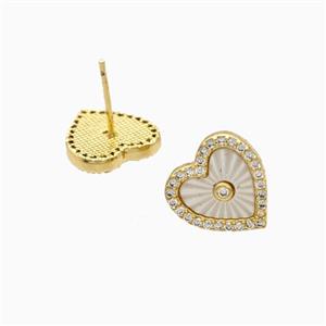 Copper Heart Stud Earrings Pave Zirconia Shell 18K Gold Plated, approx 12mm
