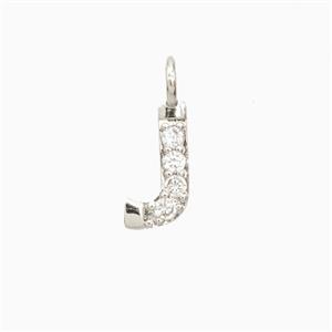 Copper Letter-J Pendant Pave Zirconia Platinum Plated, approx 7-13mm