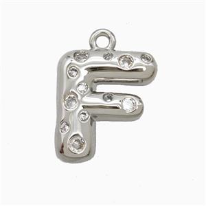 Copper Letter-F Pendant Pave Zirconia Platinum Plated, approx 15-18mm