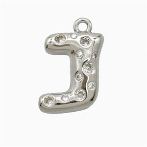 Copper Letter-J Pendant Pave Zirconia Platinum Plated, approx 15-18mm