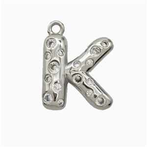 Copper Letter-K Pendant Pave Zirconia Platinum Plated, approx 15-18mm
