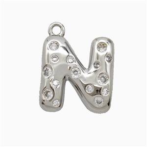 Copper Letter-N Pendant Pave Zirconia Platinum Plated, approx 15-18mm