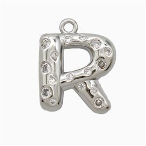 Copper Letter-R Pendant Pave Zirconia Platinum Plated, approx 15-18mm