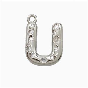 Copper Letter-U Pendant Pave Zirconia Platinum Plated, approx 15-18mm