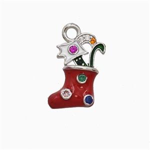 Christmas Stocking Charms Copper Pendant Pave Zirconia Red Enamel Platinum Plated, approx 8-13mm