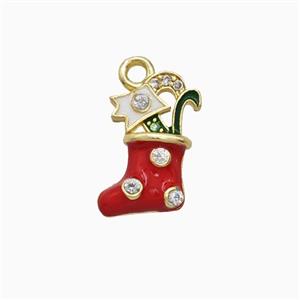 Christmas Stocking Charms Copper Pendant Pave Zirconia Red Enamel Gold Plated, approx 8-13mm