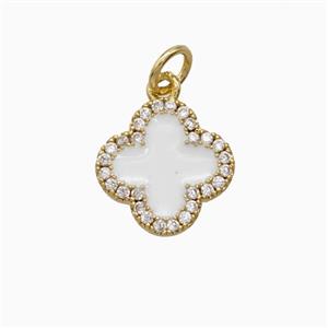 Copper Clover Pendant Pave Zirconia White Enamel Gold Plated, approx 12mm