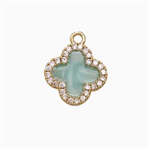 Copper Clover Pendant Pave Zirconia Green Enamel Gold Plated, approx 12mm