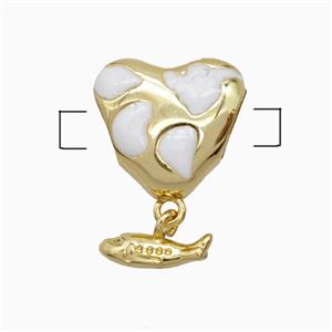 Copper Heart Beads White Enamel Large Hole Fish Gold Plated, approx 13mm, 3-6mm hole
