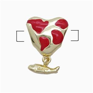 Copper Heart Beads Red Enamel Large Hole Fish Gold Plated, approx 13mm, 3-6mm hole