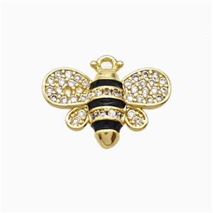 Copper Honeybee Pendant Pave Zirconia Black Enamel Gold Plated, approx 12-16mm