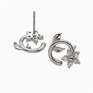 Copper Flower Stud Earrings Pave Zirconia Platinum Plated, approx 7mm, 10mm