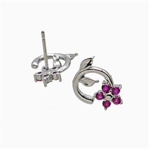 Copper Flower Stud Earrings Pave Zirconia Platinum Plated, approx 7mm, 10mm