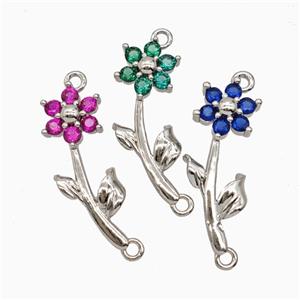 Copper Flower Pendant Pave Zirconia 2loops Platinum Plated Mixed, approx 7-20mm