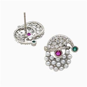 Christmas Santa Claus Charms Copper Stud Earrings Pave Zirconia Resin Platinum Plated, approx 12-15mm