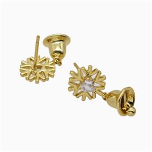 Christmas Bell And Snowflake Charms Copper Stud Earrings Pave Zirconia Gold Plated, approx 10mm, 7mm