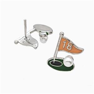 Golf Flag Charms Copper Stud Earrings Pave Resin Enamel Sports Platinum Plated, approx 11-16mm
