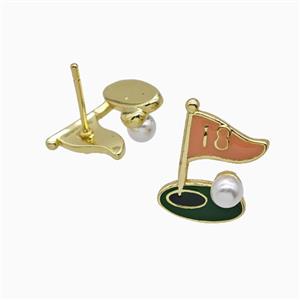 Golf Flag Charms Copper Stud Earrings Pave Resin Enamel Sports Gold Plated, approx 11-16mm