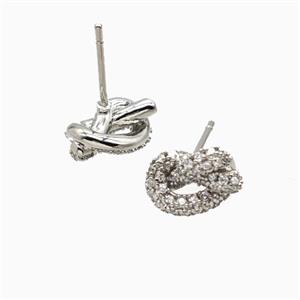 Copper Knot Stud Earrings Pave Zirconia Platinum Plated, approx 7-11mm