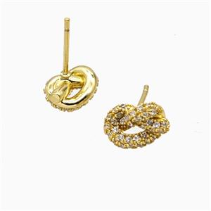 Copper Knot Stud Earrings Pave Zirconia Gold Plated, approx 7-11mm