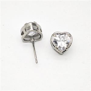 Copper Heart Stud Earrings Pave Zirconia Platinum Plated, approx 8.5mm