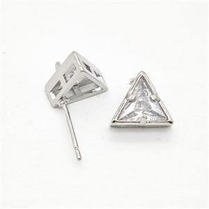 Copper Triangle Stud Earrings Pave Zirconia Platinum Plated, approx 10mm