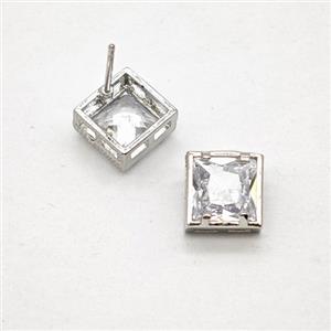 Copper Square Stud Earrings Pave Zirconia Platinum Plated, approx 8.5mm