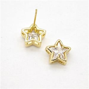 Copper Star Stud Earrings Pave Zirconia Gold Plated, approx 10mm