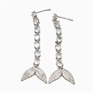 Copper Mermaid-Tail Stud Earrings Pave Zirconia Platinum Plated, approx 13-17mm, 55mm length