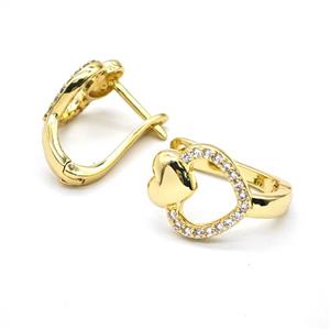 Copper Heart Latchback Earrings Pave Zirconia Gold Plated, approx 14-16mm, 13mm