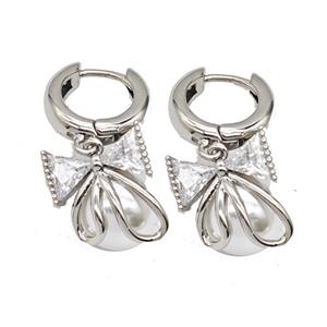 Copper Bowknot Hoop Earrings Pave Resin Platinum Plated, approx 14-17mm, 15mm dia