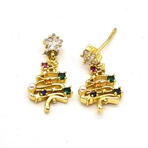 Copper Christmas Tree Stud Earrings Pave Zirconia Gold Plated, approx 12-20mm, 6mm