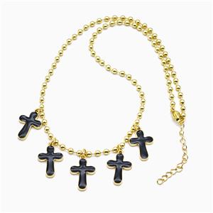 Copper Cross Necklace Black Enamel Gold Plated, approx 13-18mm, 3mm, 42-47cm length