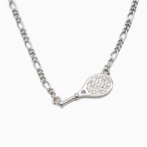Tennis Racket Copper Necklace Pave Zirconia Sports Platinum Plated, approx 8-19.5mm, 2mm, 40-45cm length