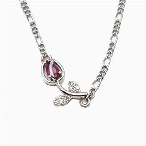Copper Tulip Flower Necklace Pave Zirconia Platinum Plated, approx 7-17mm, 2mm, 40-45cm length